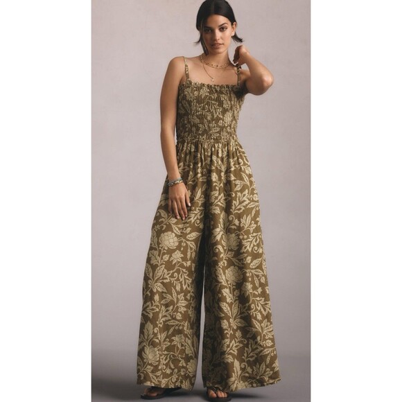 Anthropologie Pilcro Jumpsuit Linen Women Green Floral Smocked Boho Large NWT - Picture 1 of 13